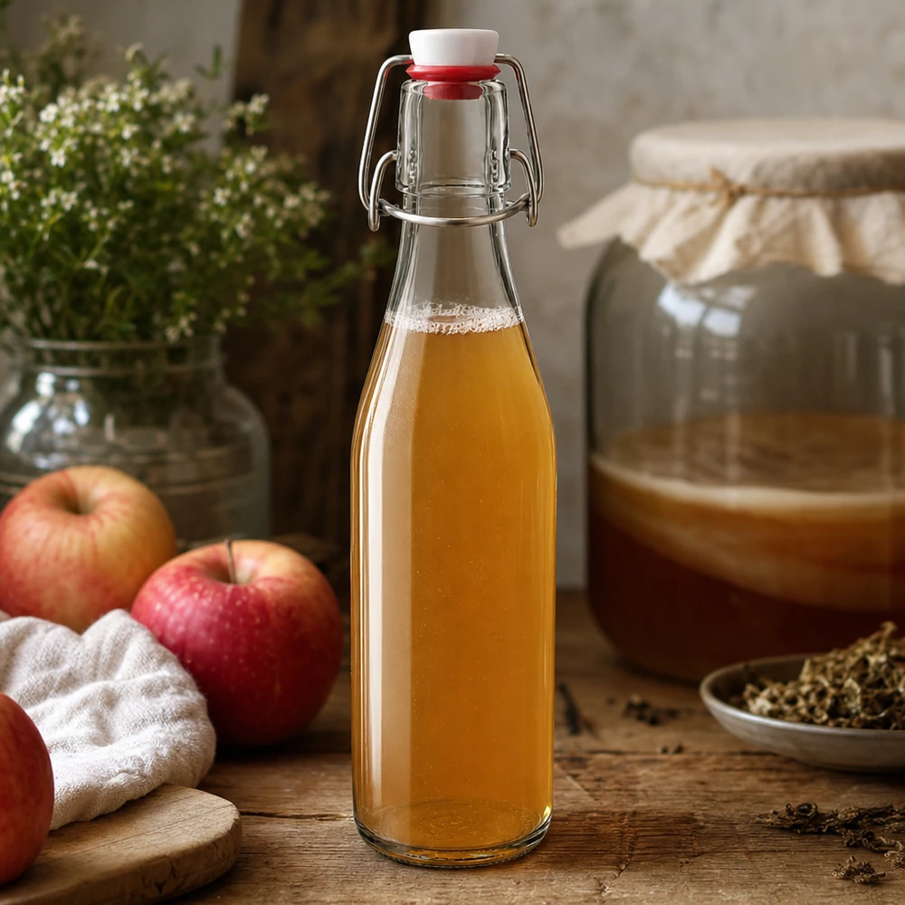 Glazen fles 250 ml + draaidop PVC UNiTWIST 250ml glazen fles met draaidop gevuld met appelciderazijn, rustiek keukentafereel met rode appels en kruiden