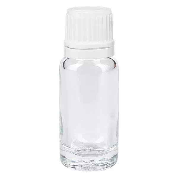 Helder glazen flessen 10ml met wit druppelsluiting 1.2mm VR Helder glazen flessen 10ml met wit druppelsluiting 1.2mm VR