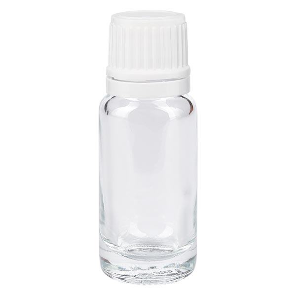 Helder glazen flessen 10ml met wit druppelsluiting 1.2mm VR Helder glazen flessen 10ml met wit druppelsluiting 1.2mm VR