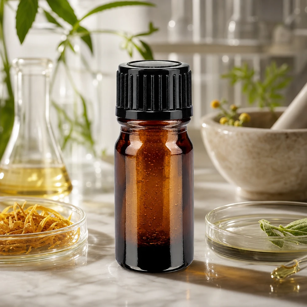 Bruine glazen fles 5ml met zwart schroefsluiting St Bruinglasflesje van 5 ml met zwarte standaarddop, naast een vijzel en een Erlenmeyer-kolf