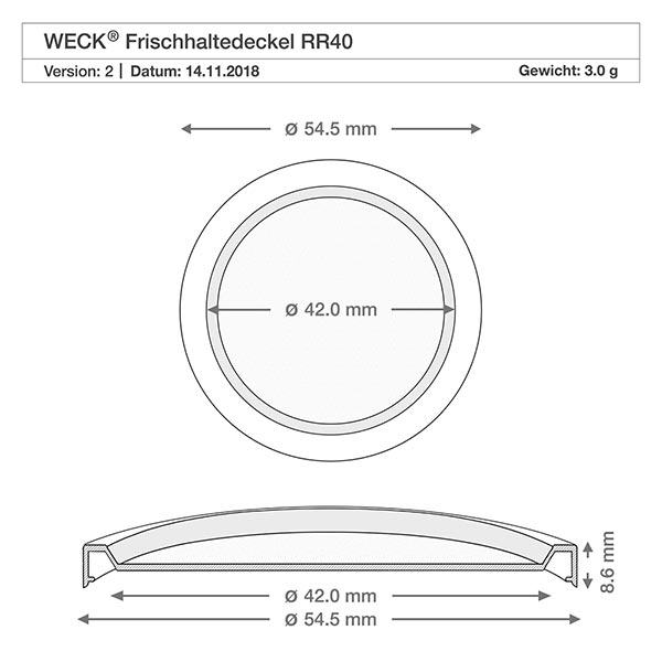 WECK vershoudend deksel RR40 Technische tekening WECK RR40 keep-fresh deksel met afmetingen 54,5mm buitendiameter en 42,0mm binnendiameter