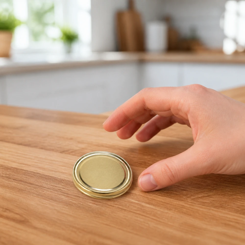 Ronde gouden metalen deksel TO58, diameter 58 mm, op een lichte houten tafel UNiTWIST BPA-NI