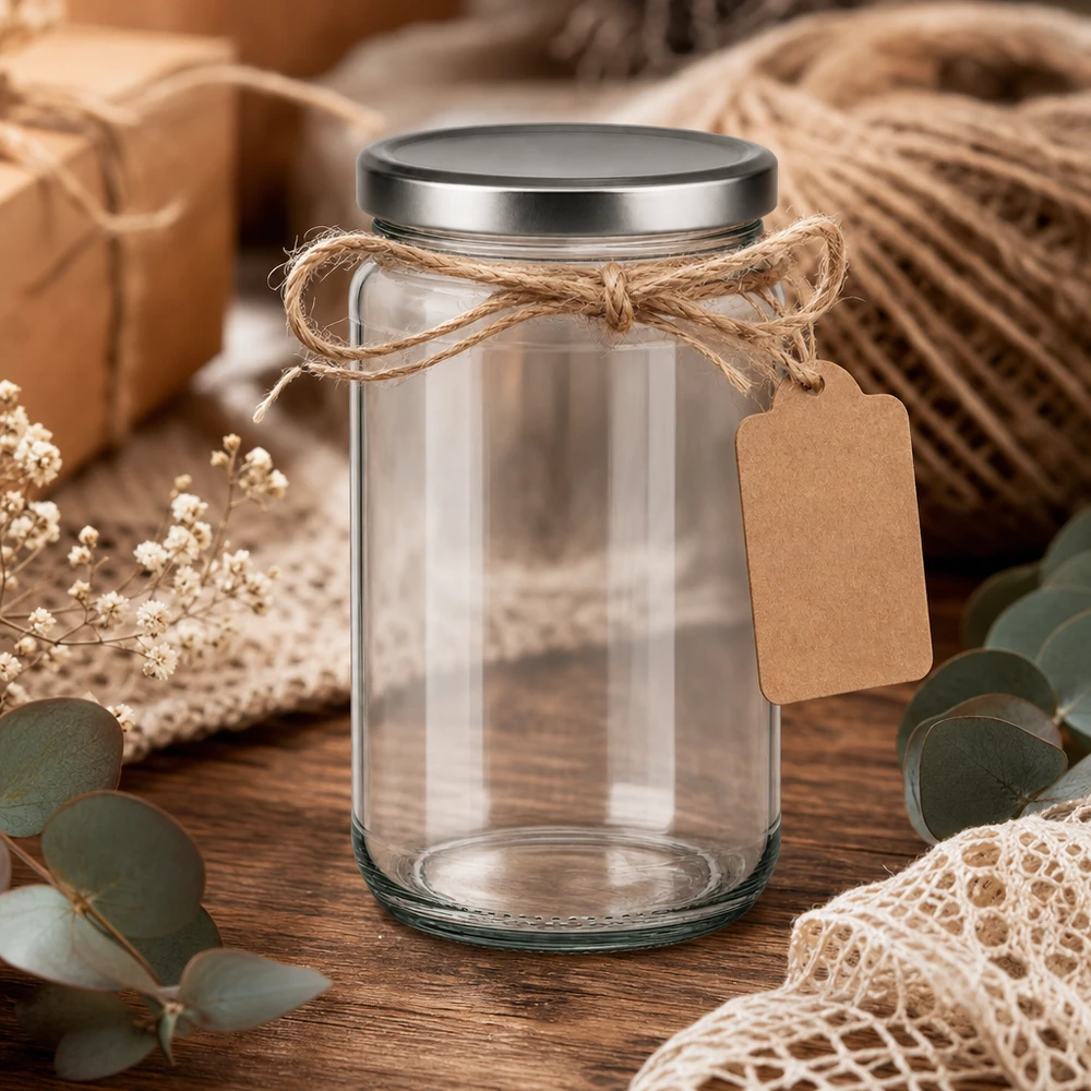 305 ml ronde pot met BasicSeal deksel zilver gedecoreerd met jute koord en kraft papieren label op een rustieke houten tafel