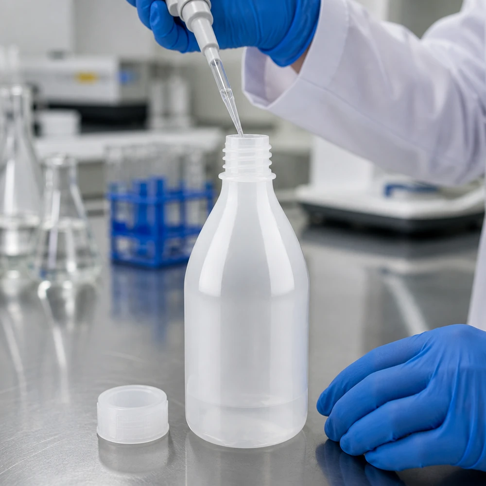 Nauwe hals laboratoriumfles 100ml zonder sluiting Laboratoriumfles met smalle hals, 100 ml, met verwijderde schroefdop op een roestvrijstalen laboratoriumtafel