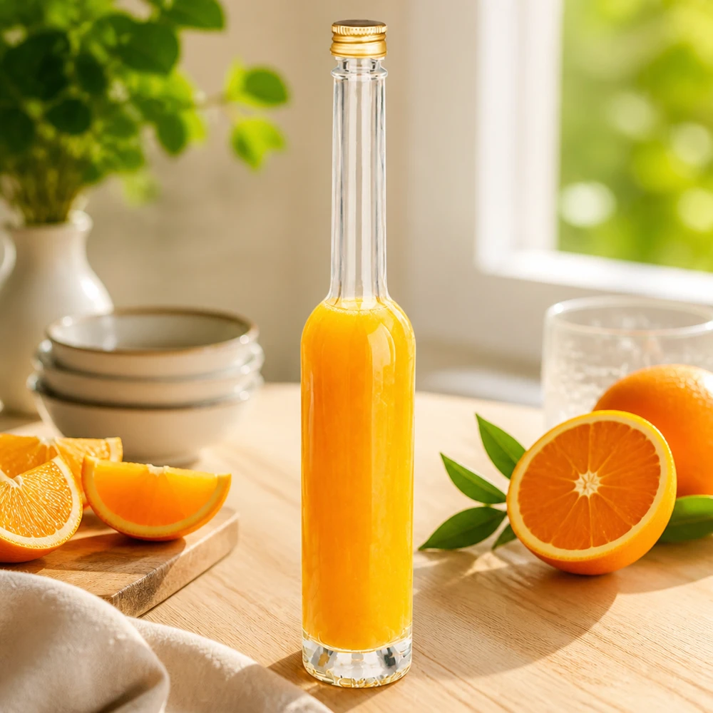 100 ml glazen fles Toni en schroefdop zilver UNiTWIST® 100ml glazen fles Toni gevuld met sinaasappelsap - gouden UNiTWIST schroefdop in keukendecor met verse sinaasappels