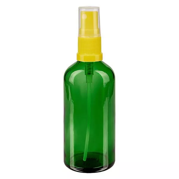 Groenen glazen flessen 100ml met geel pompverstuiver