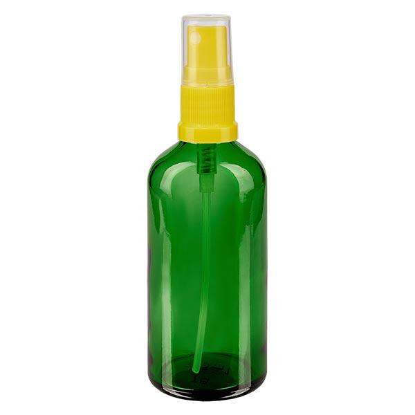 Groenen glazen flessen 100ml met geel pompverstuiver Groenen glazen flessen 100ml met geel pompverstuiver