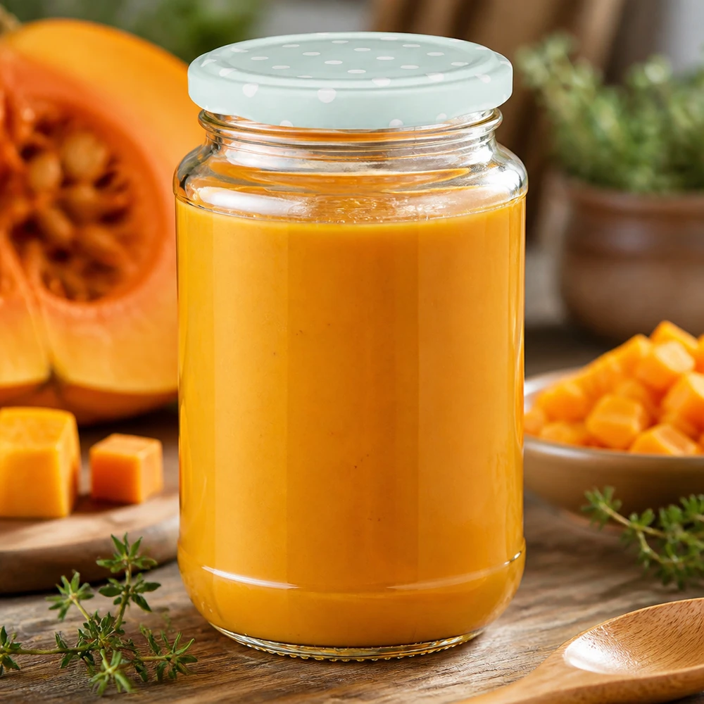 Oranje groentepuree, luchtdicht bewaard in een UNiTWIST-glas van 320 ml met een gestippeld mintgroen deksel