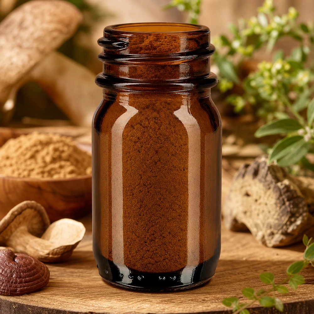 Klein 30 ml flesje met wijde hals van amberkleurig glas van hoge kwaliteit voor poeders en tabletten