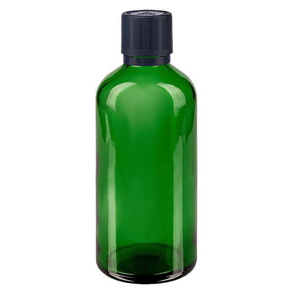 Groenen glazen flessen 100ml met zwart druppelsluiting 1mm kinderslot Bliw. VR Groenen glazen flessen 100ml met zwart druppelsluiting 1mm kinderslot Bliw. VR
