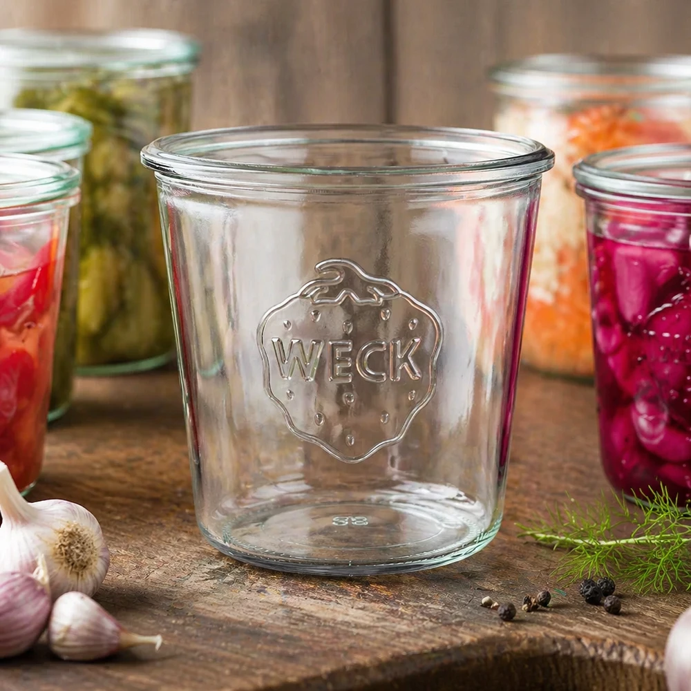 580ml glazen pot WECK RR100 leeg met logo op houten tafel naast kleurrijke inmaakpotten met groenten en knoflook