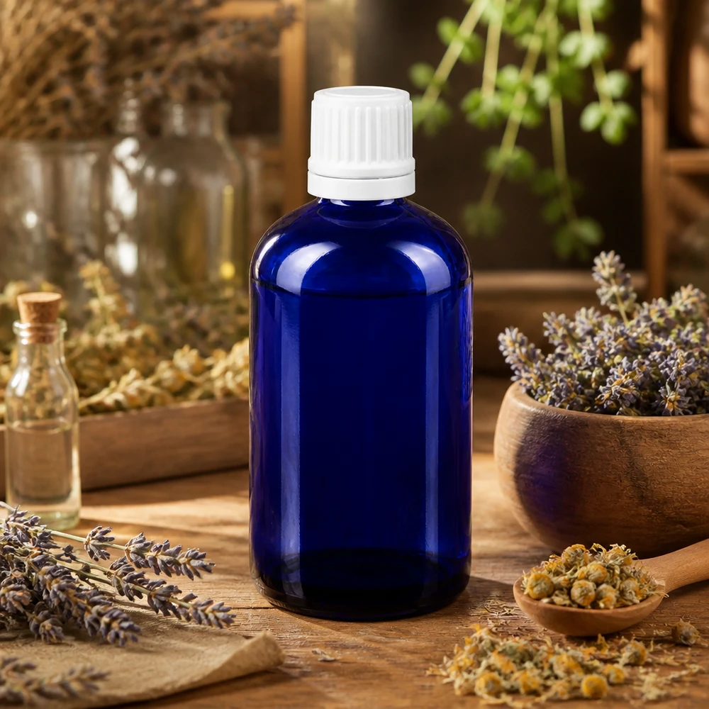 Blauwe apothekersdruppelfles van 100 ml met wit etiket voor etherische oliën en natuurlijke geneesmiddelen, vervaardigd uit ApoGlas