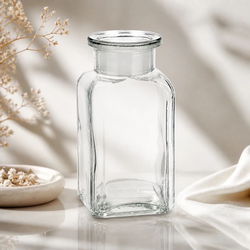 Glazen fles met brede hals, 100 ml, met platte glazen stop en hoekige vorm, voor cosmetica en natuurlijke producten