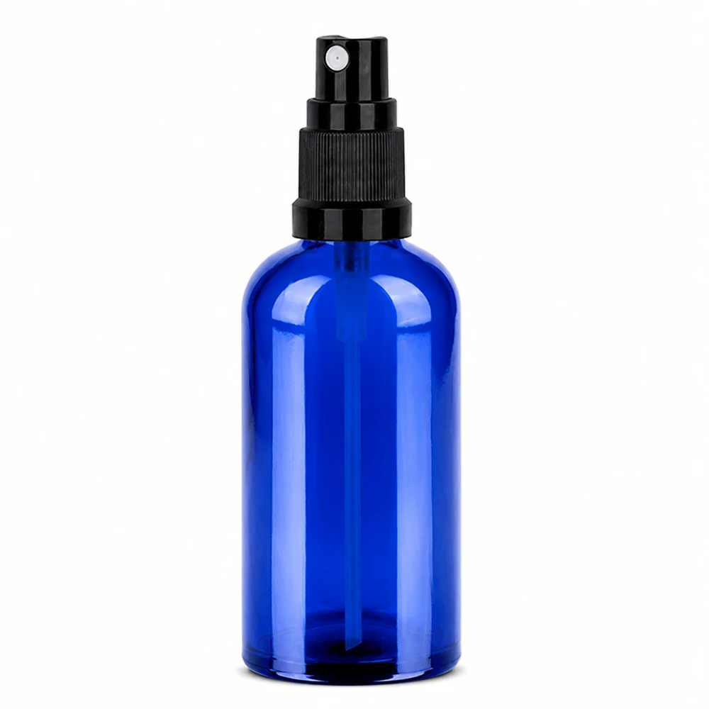 Blauwe glazen spuitfles 100ml met zwarte pompverstuiver voor cosmetica en etherische oliën