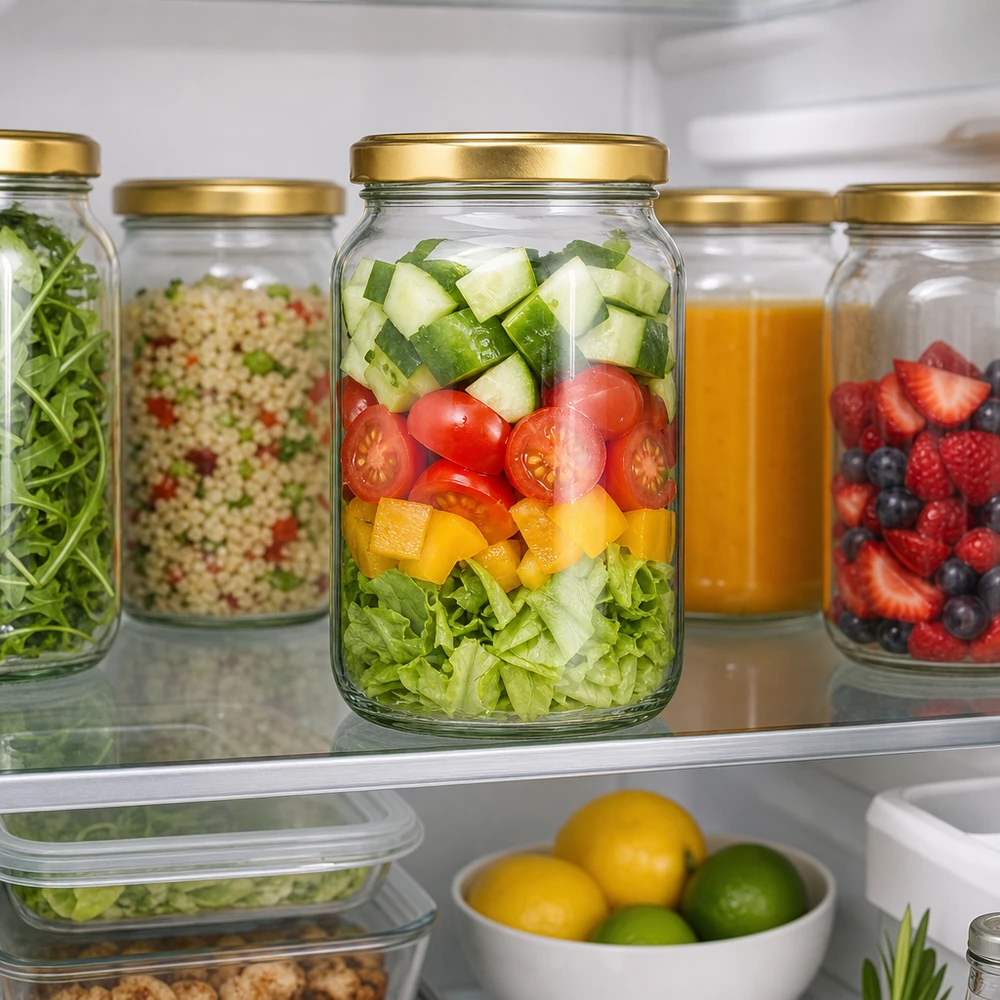 1700ml ronde pot met gouden BasicSeal deksel in de koelkast toont Meal Prep met salade en gezond bewaren