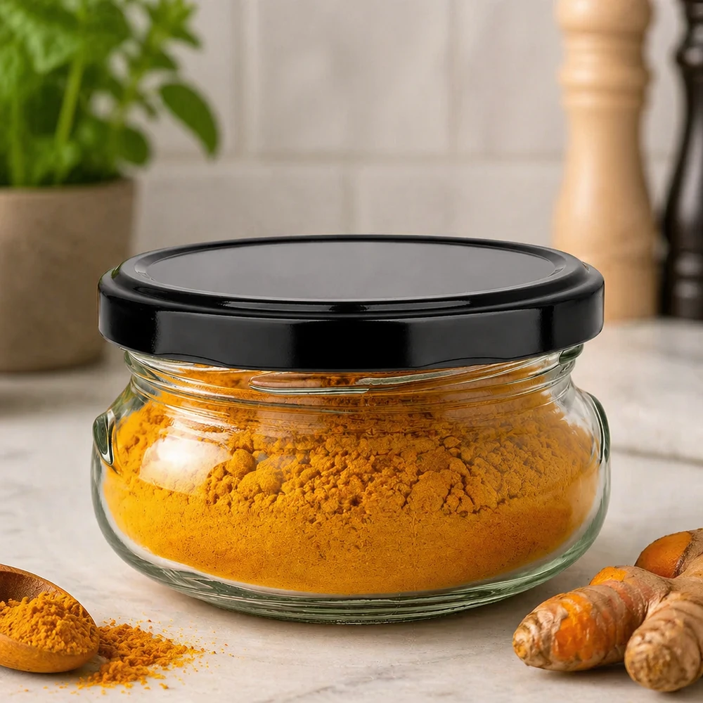 120 ml terrine gevuld met geel kurkumapoeder, zwart deksel, keukensfeer met verse kurkumawortels