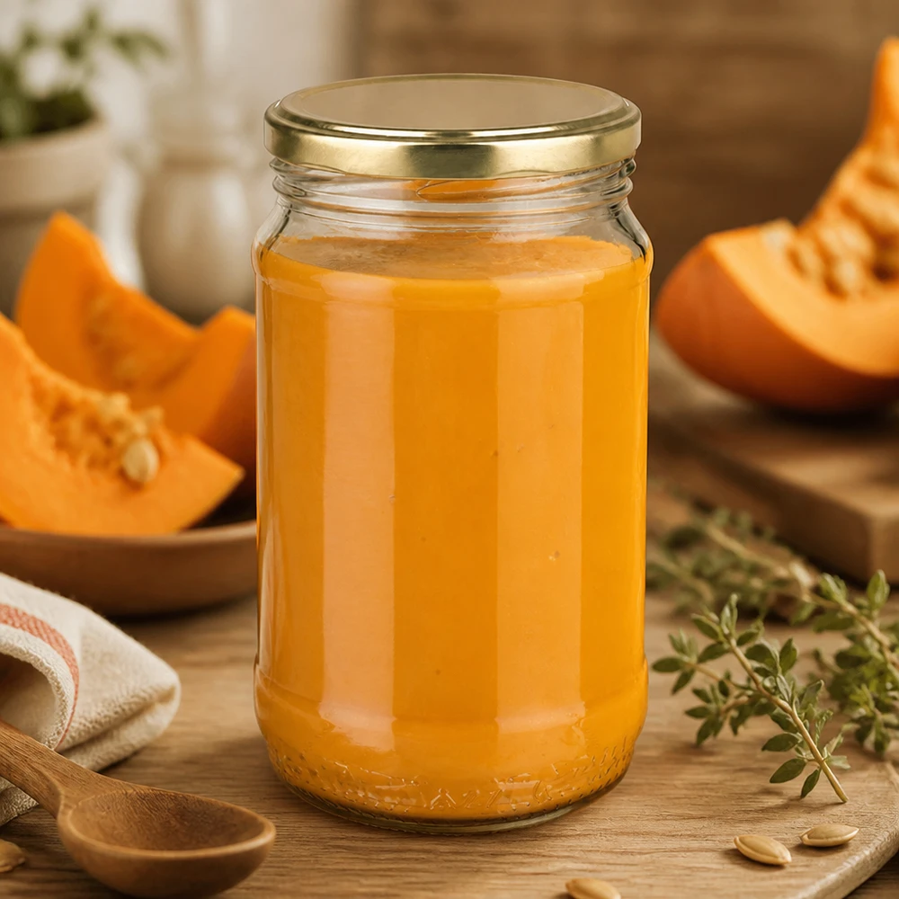 Rond glas van 370 ml + BasicSeal goud UNiTWIST Doorzichtig Einweckglas van 370 ml met een BasicSeal-deksel in de kleur goud, gevuld met zelfgemaakte pompoenpuree
