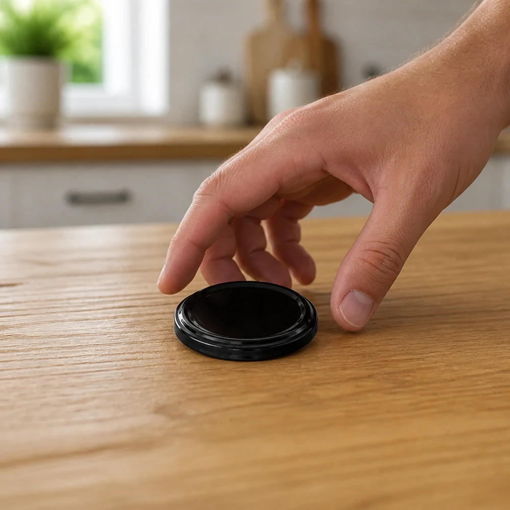 UNiTWIST TO48 zwart BPA-NI glanzende twist-off-deksel, close-up op een houten tafel