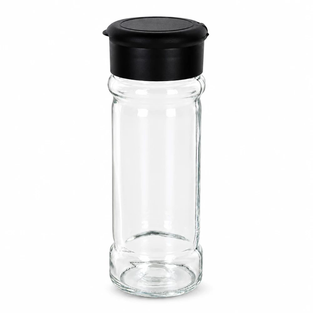 Zout-/kruidenpotje 100 ml met strooier, zwart Navulbare glazen kruidenpot van 100 ml met zwart zeefje voor gelijkmatig strooien