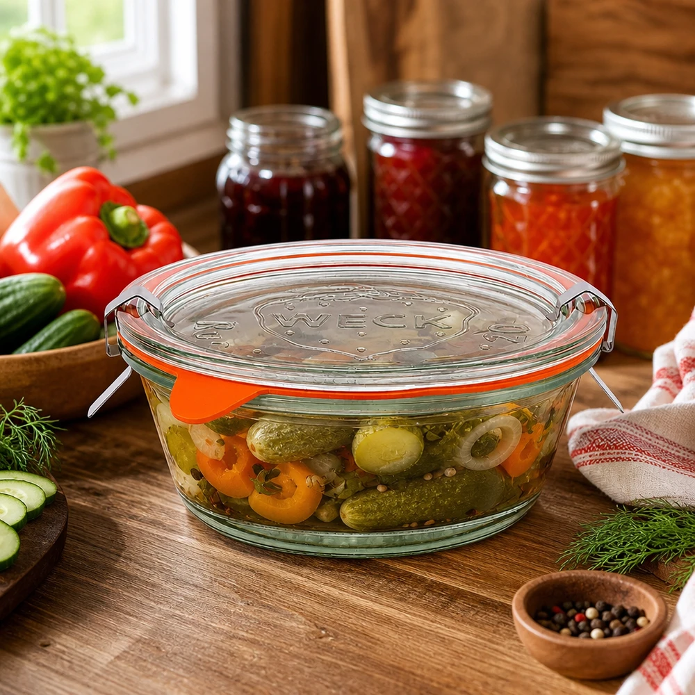 WECK 300ml gourmetpot RR120 in keuken met ingemaakte groenten, inmaakpotten op de achtergrond, keukensfeer