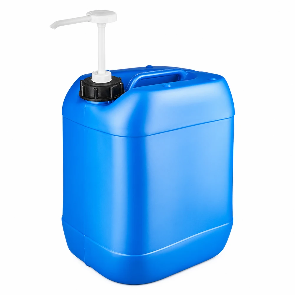 Stevige industriële jerrycan van 20 liter, blauw, met draaggreep en witte pomp voor eenvoudige dosering