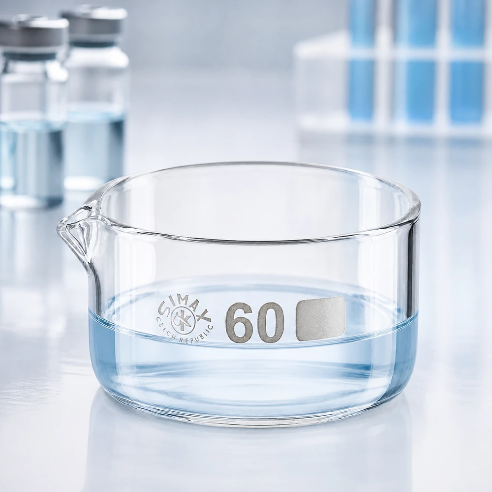 Kristalliseerschaal 60ml met schenktuit Vlakke kristallisatieschaal 60 ml, glas, met uitgietmond, laboratoriumschaal, verdamping, analyse, Simax, transparant