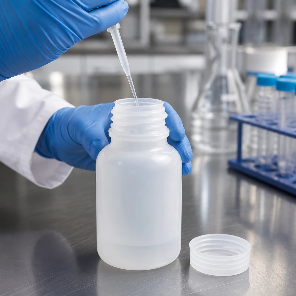 Wijde hals laboratoriumfles 100ml zonder sluiting Laboratoriumfles met schroefdop, 100 ml, met wijde hals en verwijderde dop in een laboratoriumomgeving