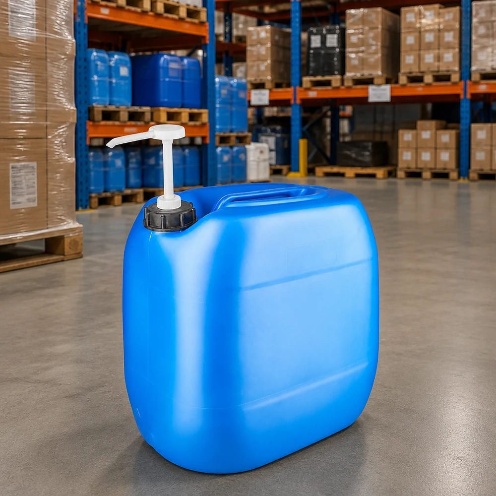 Stapelbare industriële jerrycan van 30 liter in blauw met doseerpomp voor professioneel gebruik