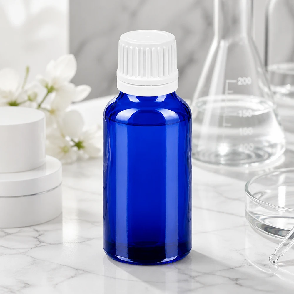 20ml fles 11mm SV wit OV BlueLine UT18/20 Robuust 20ml SV flesje gemaakt van UV-beschermend blauw glas met witte veiligheidsdop
