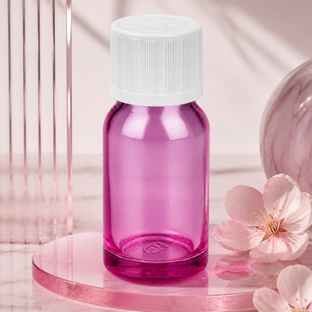 Decoratief paars glazen flesje van 10 ml met wit deksel als stijlvolle verpakkingsoplossing