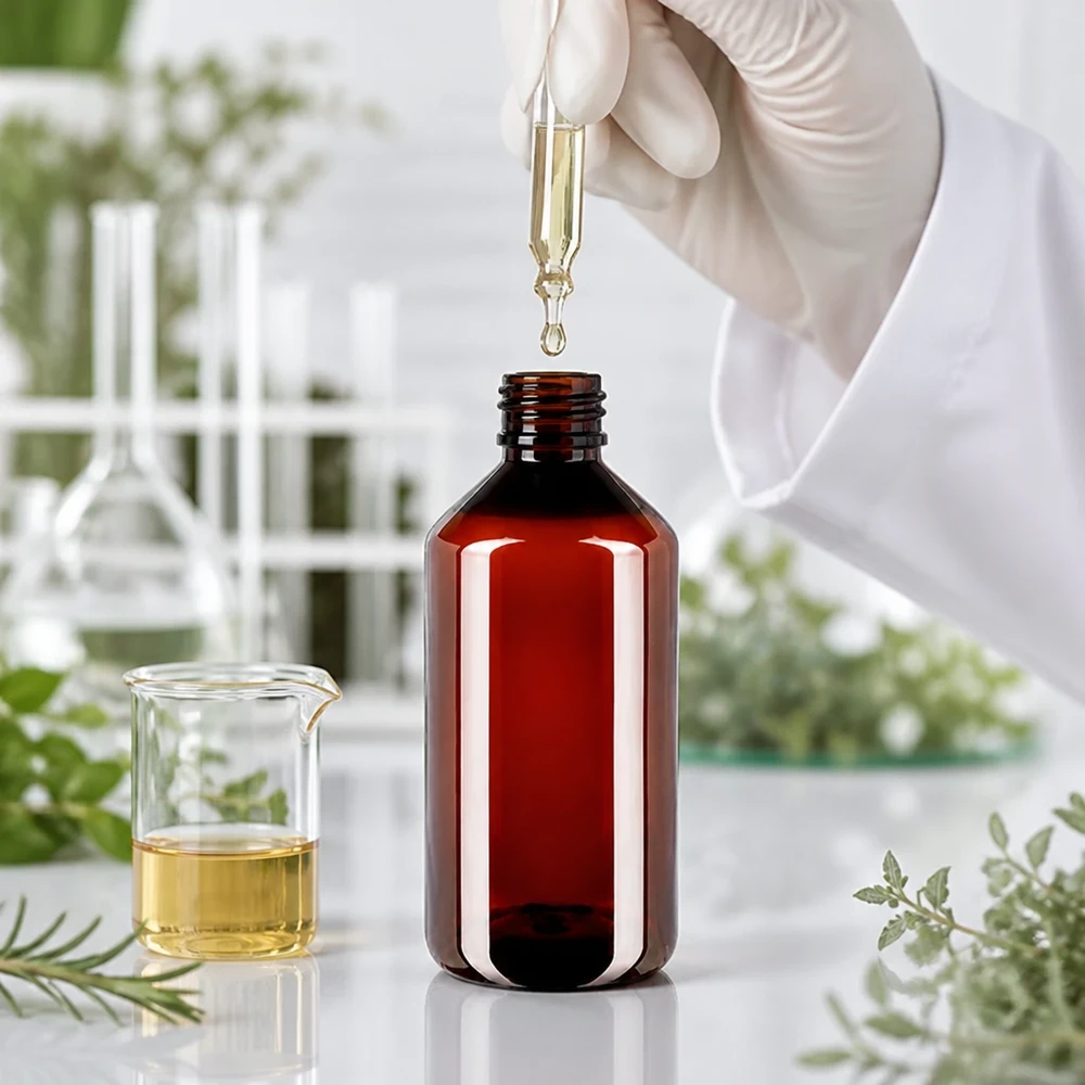 PET-fles 750 ml met zwarte spuitdop OV PET-fles 750 ml met UV-bescherming, bruin, voor gevoelige vloeistoffen, met spuitdop