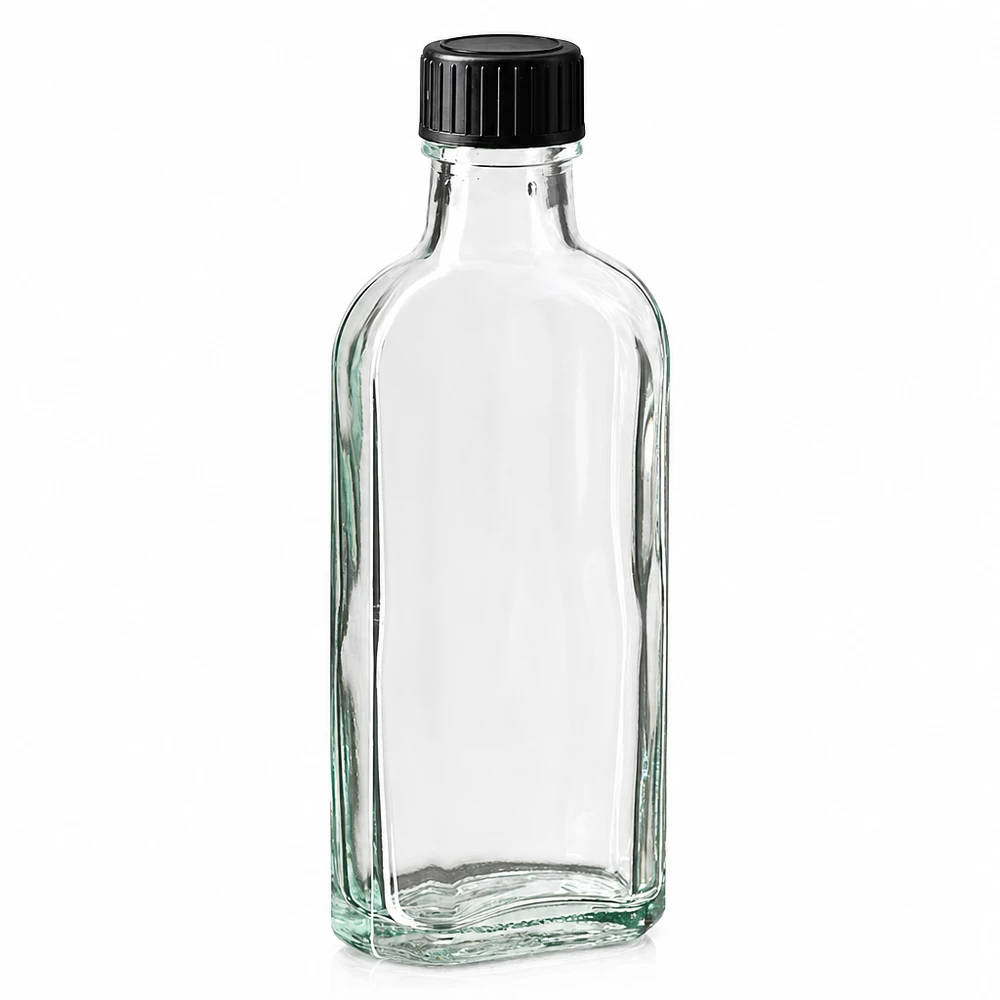 100 ml witte meplatfles met DIN 22 monding, inclusief schroefsluiting DIN 22 zwart van EPE Lege Meplat-fles van 100 ml, wit glas, met kindveilige schroefdop (zwart)