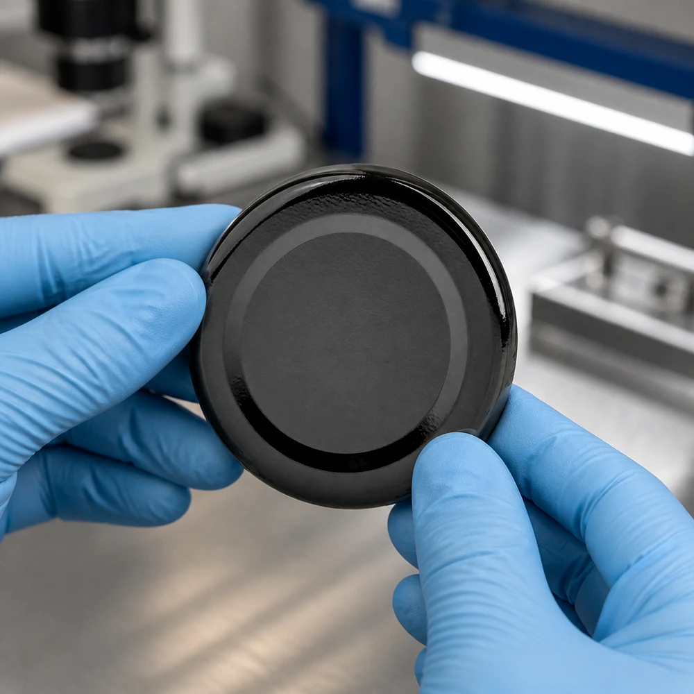 UNiTWIST BasicSeal TO48 zwarte metalen deksel, diameter 48 mm, detailbeeld, laboratorium