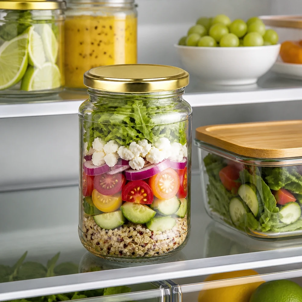 Compacte UNiTWIST-bewaarpot van 320 ml met gouden BasicSeal voor kleurrijke recepten voor het bereiden van salades