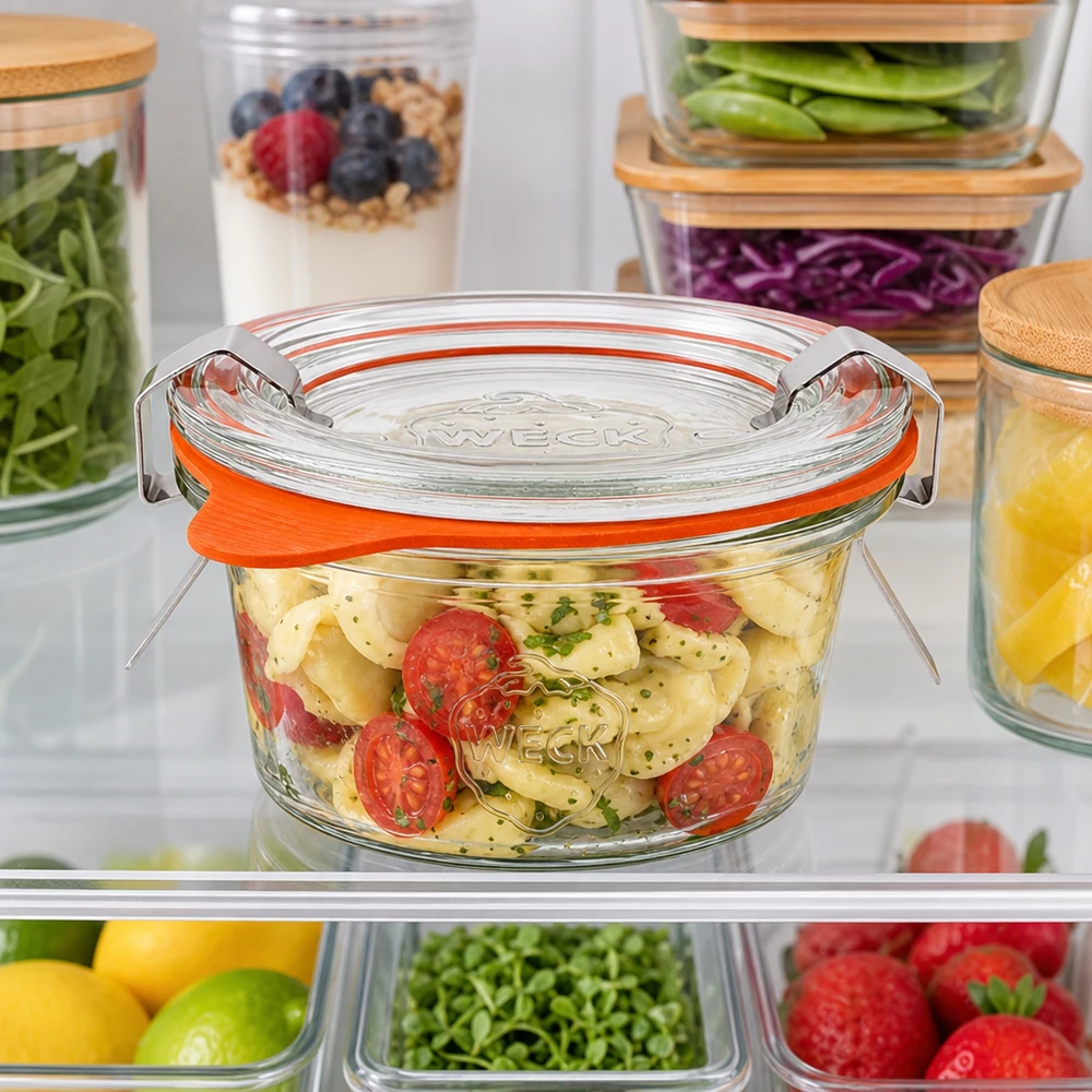 WECK 50ml bekers RR60 in de koelkast gevuld met pastasalade tussen andere voedselcontainers voor opslag