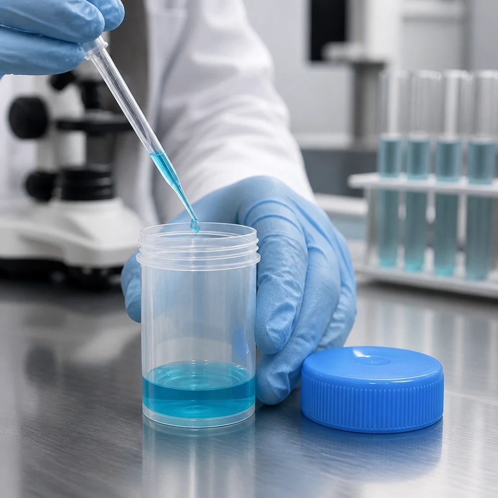 Universele kunststof pot (pathologie pot) 20ml Doorzichtig proefbuisje van 20 ml met blauwe vloeistof en een microscoop tegen een laboratoriumachtergrond