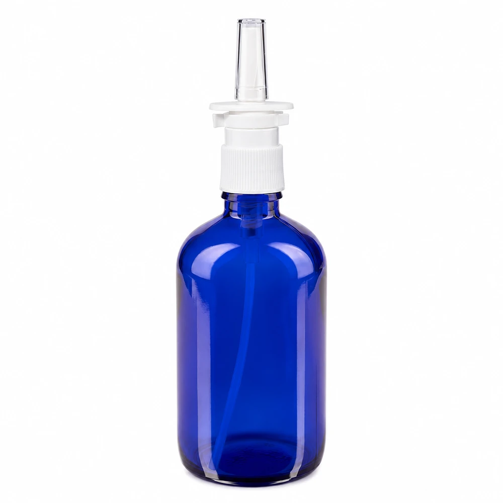 Blauwe glazen flessen 100ml met neusverstuiver Kobaltblauwe spuitfles van 100 ml, gemaakt van hoogwaardig apothekersglas, met een witte neusspuitkop