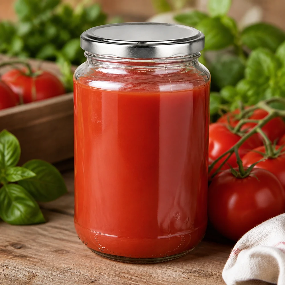Rond glas van 320 ml + BasicSeal zilver UNiTWIST Inmaakpot 320 ml UniTwist BasicSeal zilver, ideaal voor het inmaken van tomaten en sauzen
