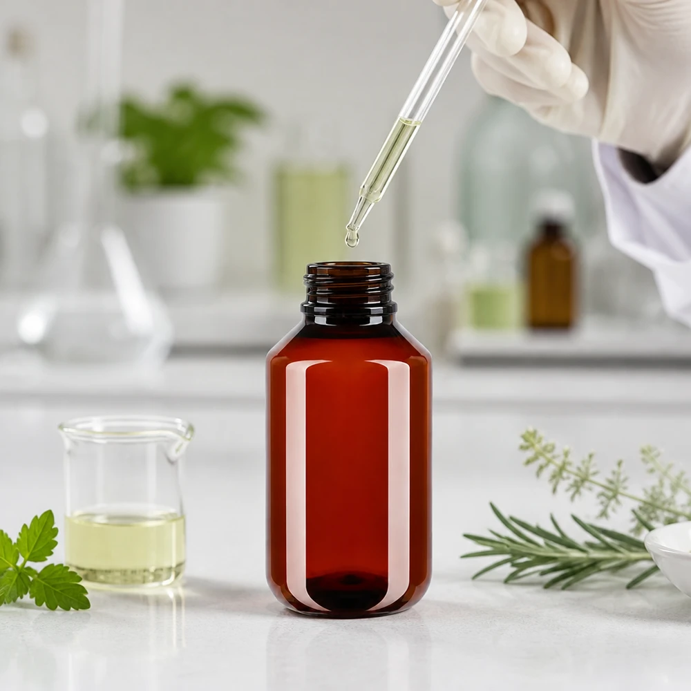 Bruine PET-fles van 100 ml voor etherische oliën met wit etiket, in laboratoriumkwaliteit