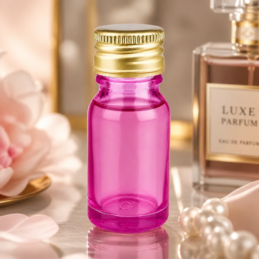 10ml flesje in elegant paars met aluminium-gouden dop voor oliën en essences van hoge kwaliteit