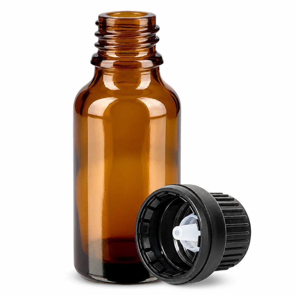 20ml druppelflacon 2mm zwart OV BrownLine UT18/20 Glazen flesje van 20 ml in bruin met zwart druppeldeksel, ideaal voor serums en essences