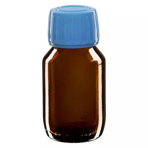 50ml Euro-medicijnfles bruin met blauwe schroefsluiting VR 50ml Euro-medicijnfles bruin met blauwe schroefsluiting VR