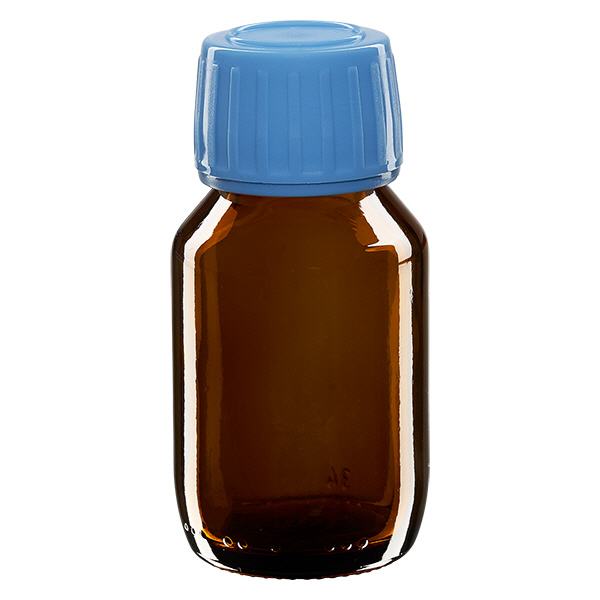 50ml Euro-medicijnfles bruin met blauwe schroefsluiting VR 50ml Euro-medicijnfles bruin met blauwe schroefsluiting VR