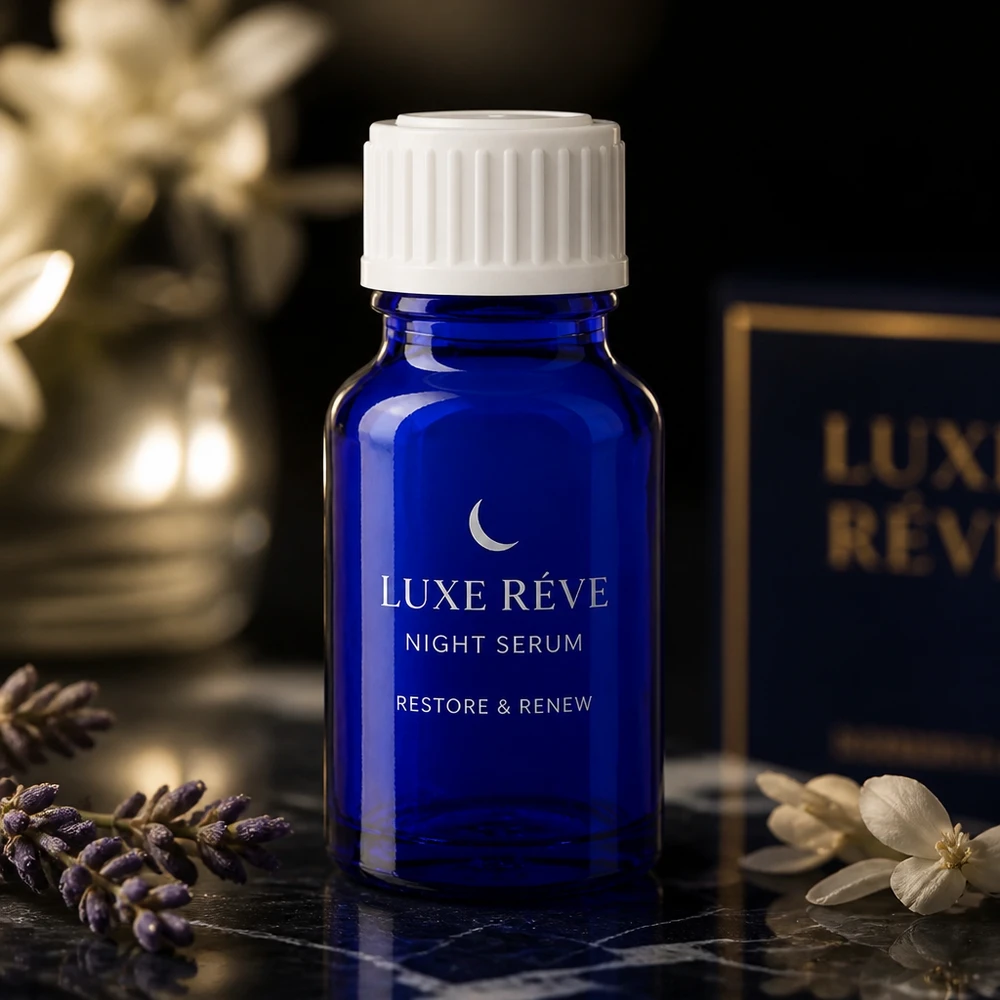 Kobaltblauw miniatuurflesje van 10 ml, gemaakt van apothekersglas, beschermt lichtgevoelige serumformules