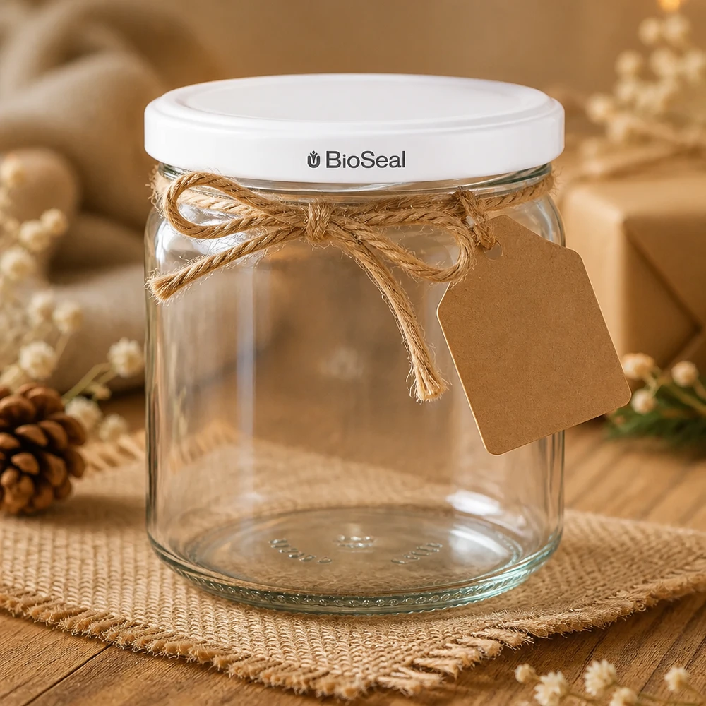 408ml rond glas met BioSeal deksel wit UNiTWIST UNiTWIST Runda408 dekorativ mit Juteschleife und Geschenkanhänger - stilvoll verpacktes Einmachglas als Geschenkidee