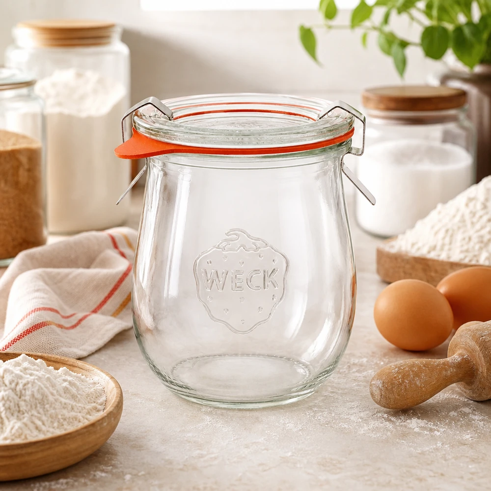 WECK tulpenpot 220ml RR60 in bakkerij met meel eieren en keukengerei inmaakpot voor bakingrediënten
