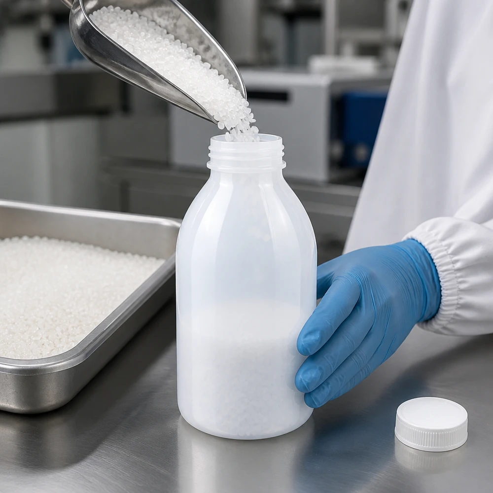 Nauwe hals laboratoriumfles 500ml met schroefsluiting Weißes Granulat wird über Metalltrichter in 500ml Enghals Laborflasche gefüllt