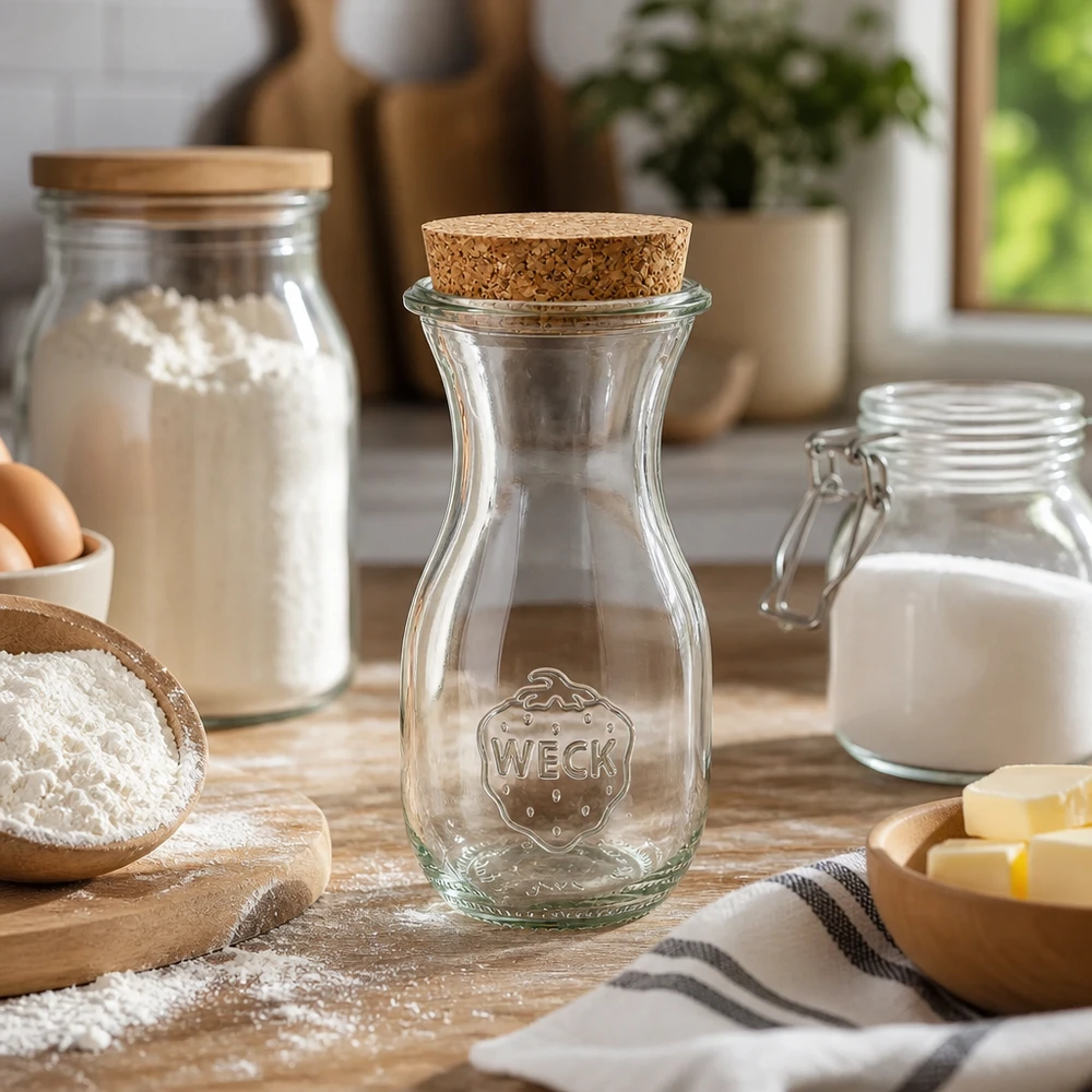 WECK sapfles 290ml RR60 leeg in keuken omringd door bakingrediënten bloem melk boter op houten plank landhuisstijl