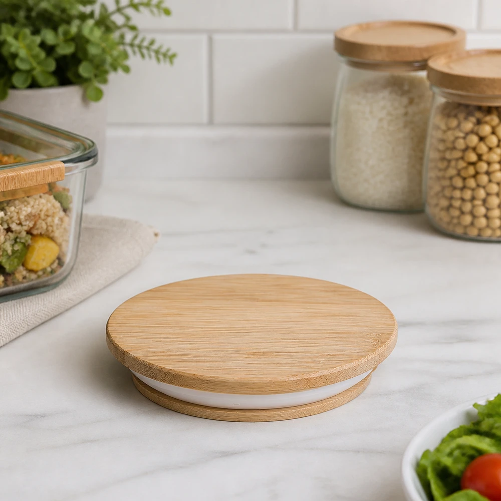 Houten deksel WECK RR80 WECK RR80 houten deksel op marmeren werkblad met voorraadpotten en maaltijdcontainers in een moderne keuken