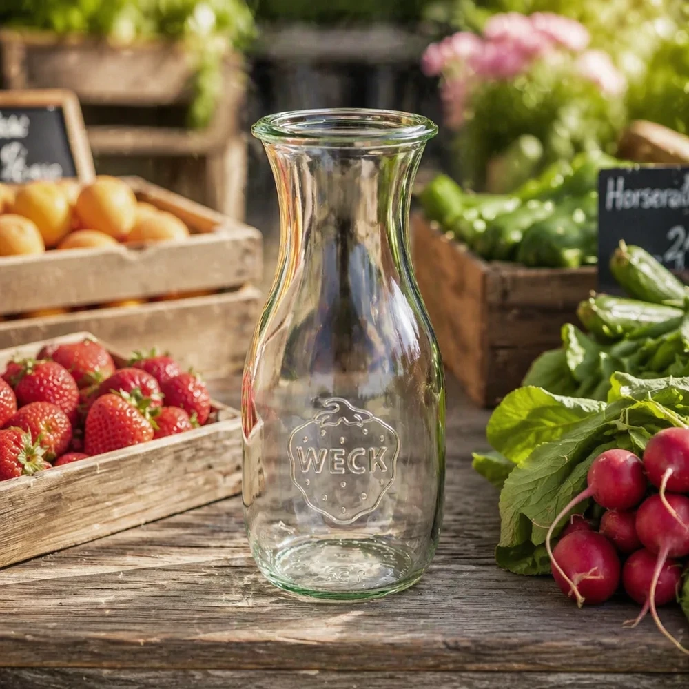 WECK RR60 sapfles van 530 ml WECK sapfles 530ml RR60 op een houten tafel met verse aardbeien, radijsjes en groenten in een rustieke keuken